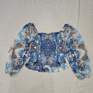 Fam Fam Abstract Blue Print Puff Sleeve Top Size XL